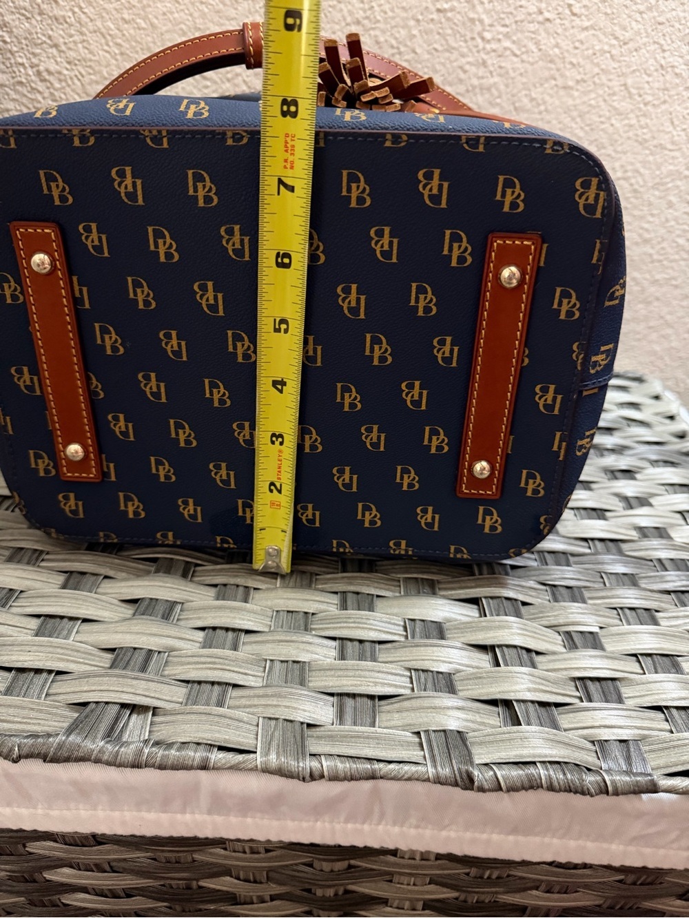 Dooney & Bourke Gretta Navy and Brown Monogram Drawstring Bucket Bag - Picture 9 of 14